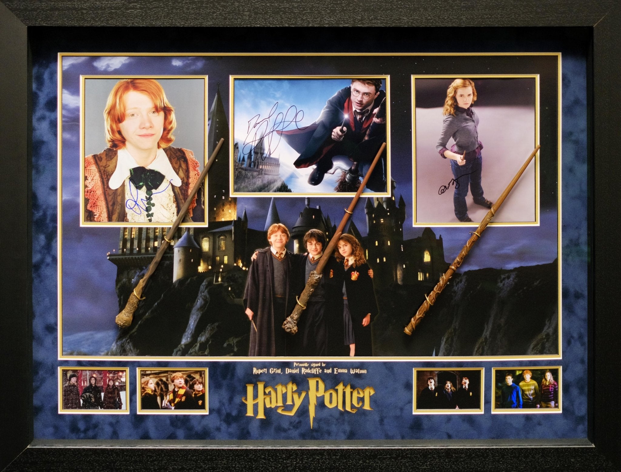 Harry Potter, Ron and Hermione granger Signed Framed Display with Wands - Memorabilia Framers Shop